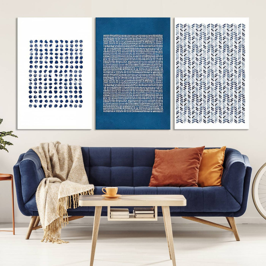 The modern living room is beautifully complemented by the "Canvas Print Wall Art Set Navy Blue White Geometric Dot Collage Abstract Illustr Art" on the wall. This art is printed on museum-quality canvas with a UV-protective coating for enhanced durability and vibrancy. Each piece is ready to hang, offering an effortless upgrade to your space.