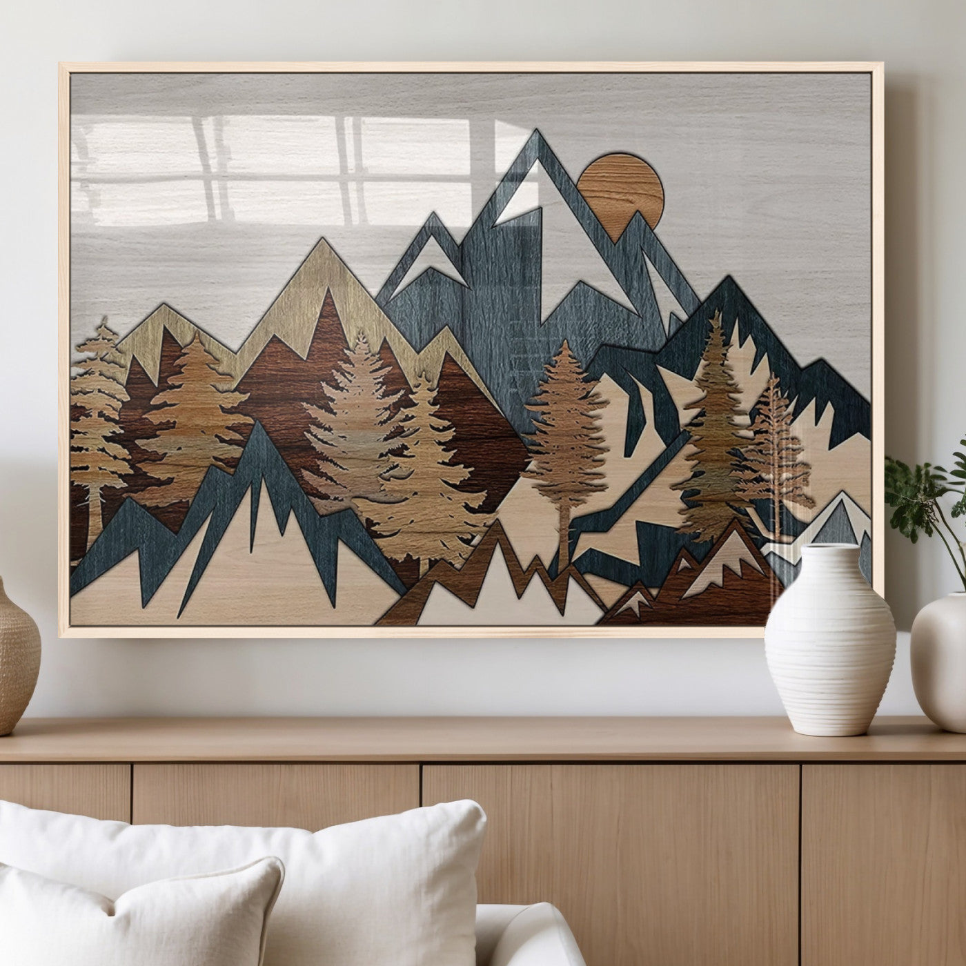 MGV-FP-60X30-3P - Rustic Abstract Wood Panel Effect Canvas Mountain Range Top Wood Wall Art Canvas Print
