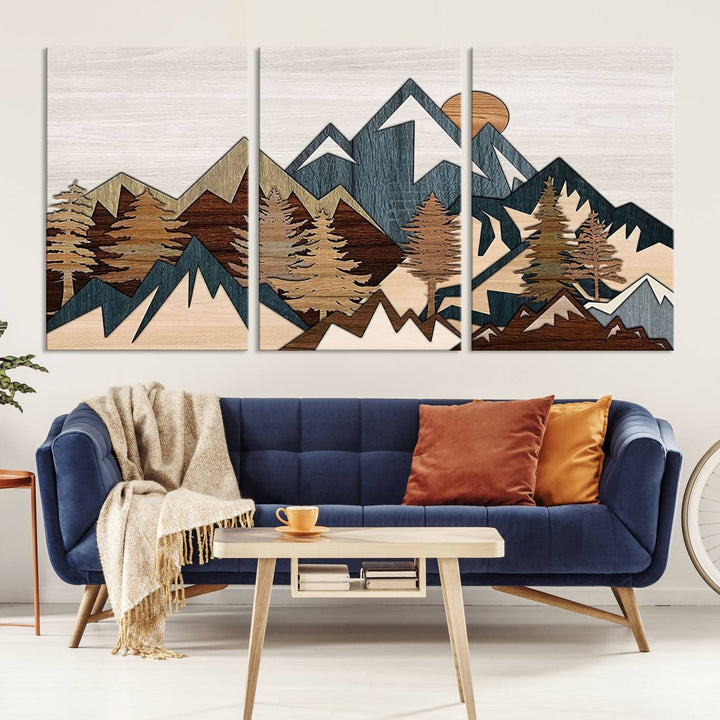 Woodland Mountain Landscape Triptych, Giclee Canvas Art for Modern Home, Rustic Wooden Nature Wall Art, Large Mountain and Tree Canvas for Living Room