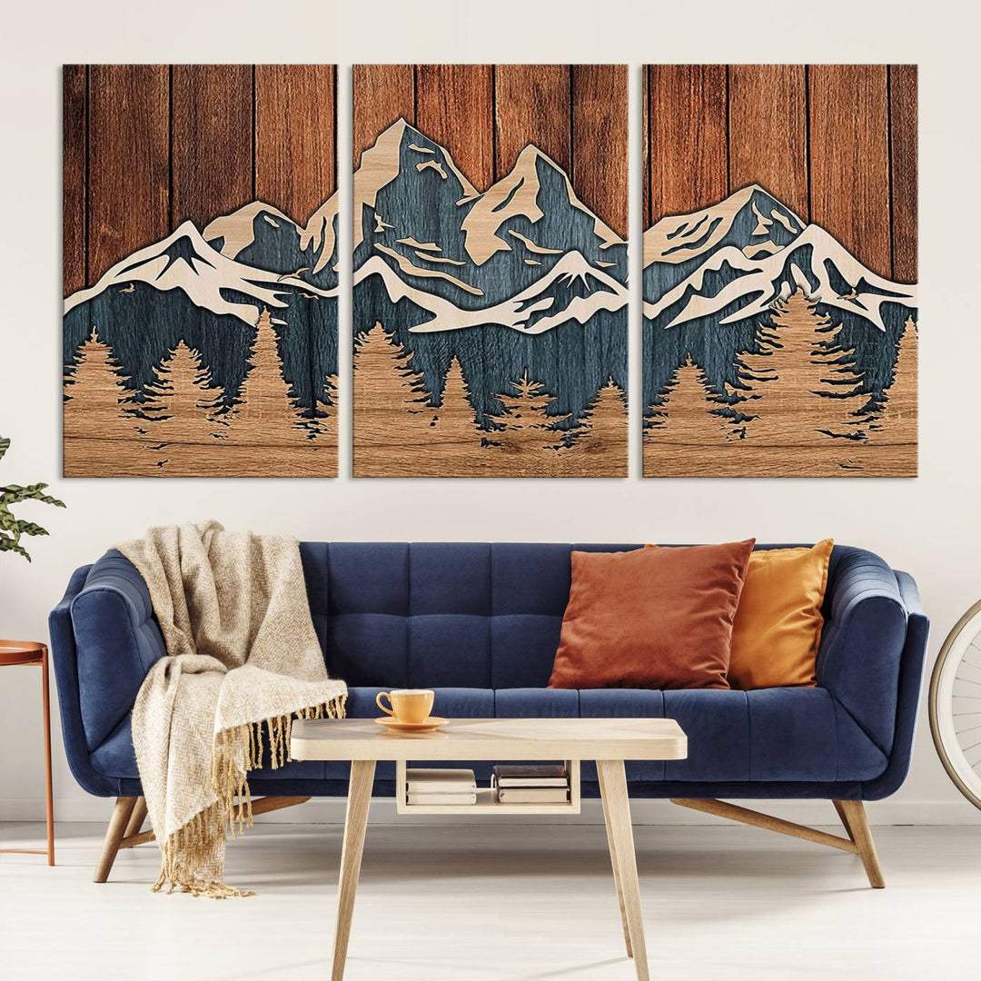 Impression sur toile d'art mural abstrait avec effet de panneau de bois, chaîne de montagnes