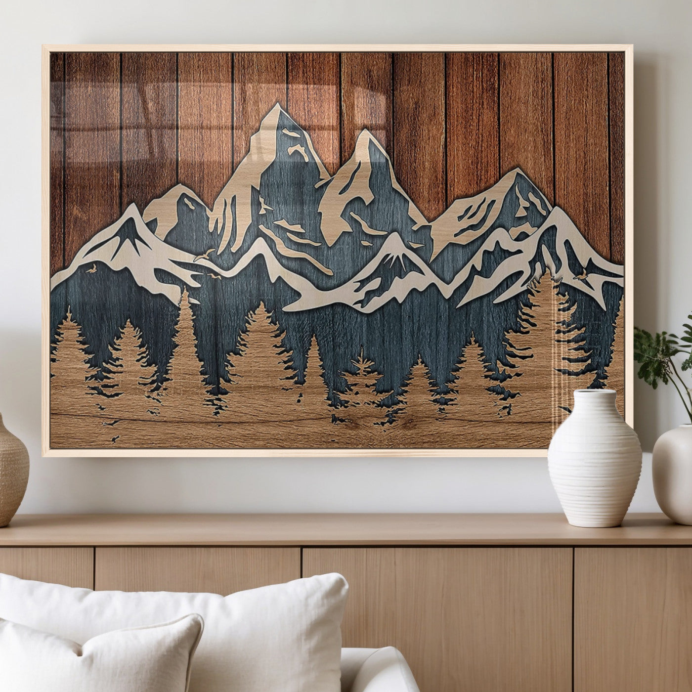 MGV-FP-36X24-3P - Rustic Wood Style Mountain Wall Art, Nature Forest Canvas Print, Wooden Textured Mountain Artwork,