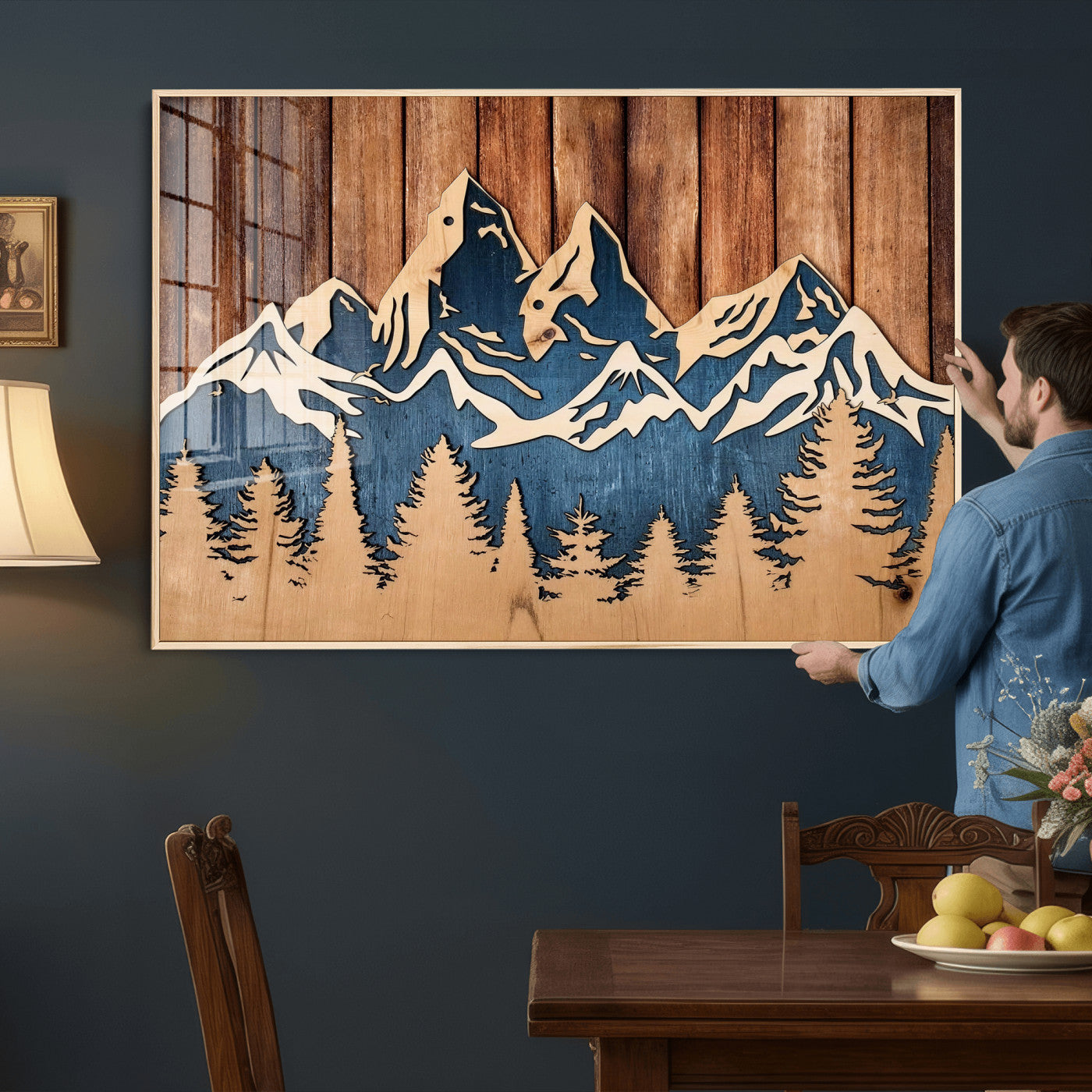 41330-MGV-CV-36X24 - Rustic Wood Style Mountain Wall Art, Nature Forest Canvas Print, Wooden Textured Mountain Artwork Print