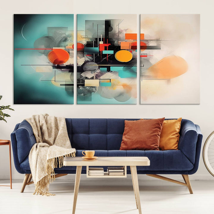 Modern living room featuring a Geometric Colorful Abstract Wall Art Canvas Print.