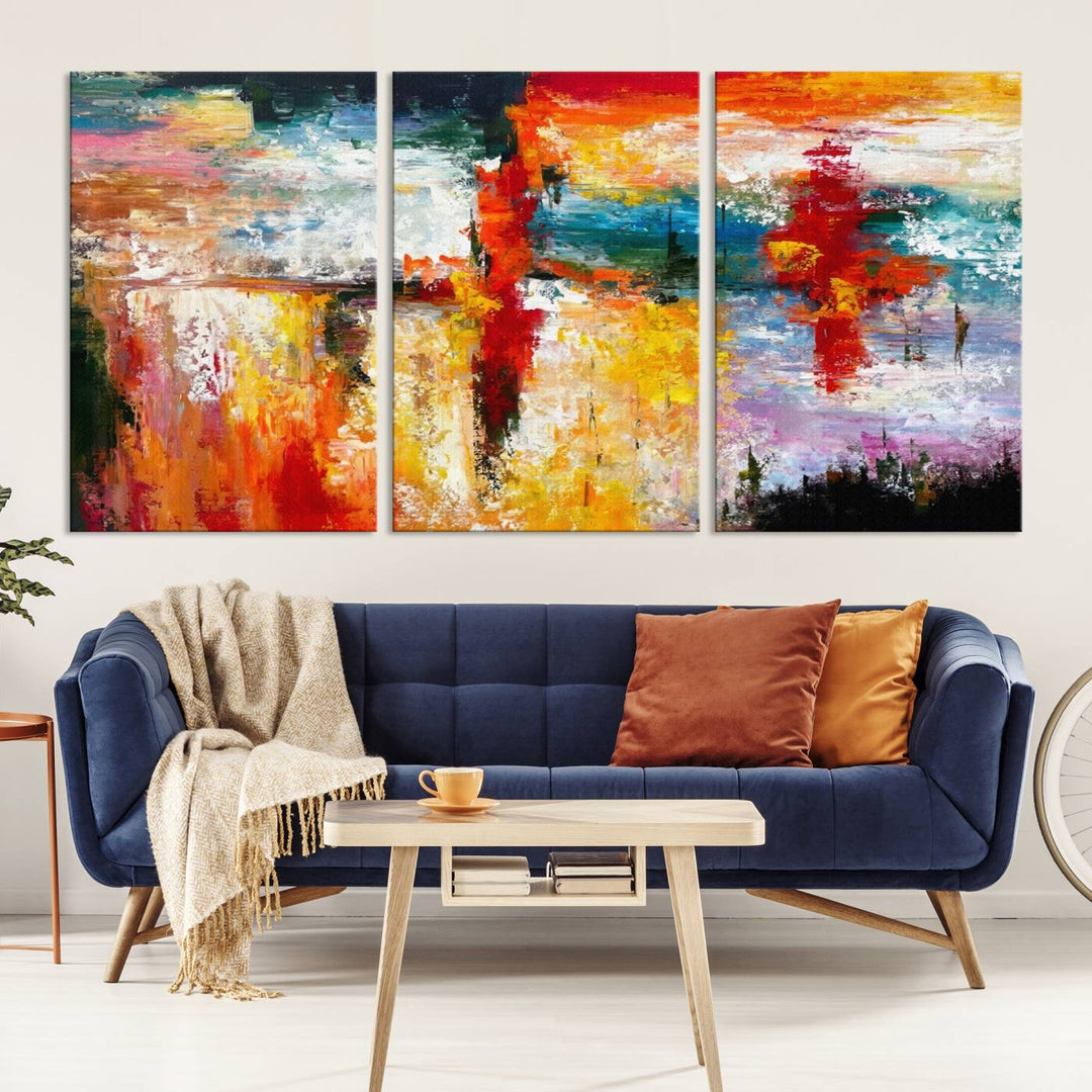 A Colorful Abstract Wall Art Canvas Print graces the wall, making this ready-to-hang masterpiece, complete with UV-protective coating, perfect for elevating any space with its vibrant allure.