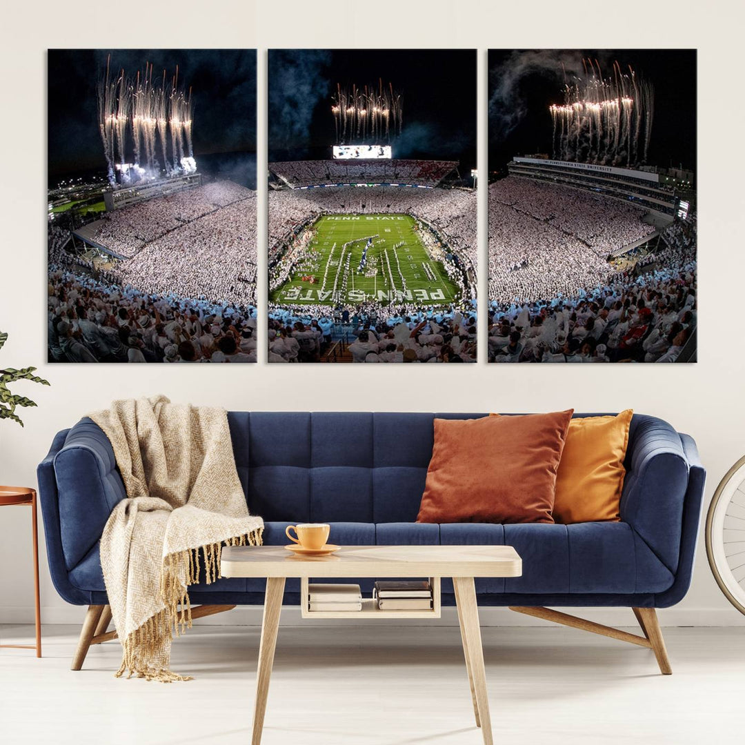 The Penn Stadium Football Wall Art Canvas Print showcases the lively ambiance of a bustling Pennsylvania University football stadium illuminated by fireworks.