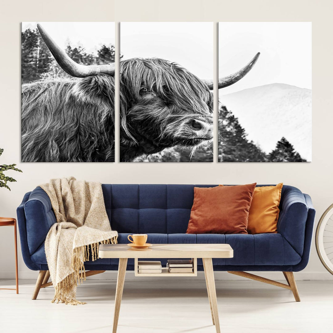 The Scottish Longhorn Wall Art Canvas Print features a highland cow with long horns and shaggy hair displayed on a museum-quality canvas. Equipped with a UV-protective coating for durability, it's ready to hang and enjoy for years to come.