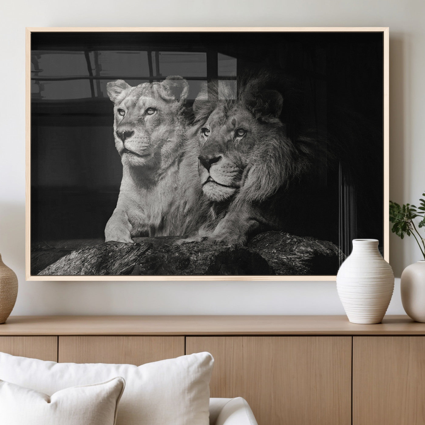 MGV-FP-36X24-3P - Lion Couple Canvas Wall Art Print – Elegant Wildlife Portrait in Black and White Lion Family – Ready