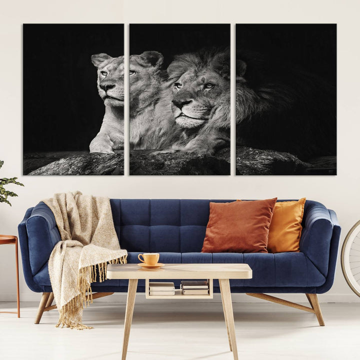 The elegant wildlife portrait, "Lion Couple Canvas Wall Art Print," featuring a black and white depiction of a lion family, majestically decorates the living room wall.