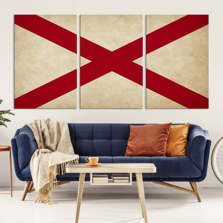 The USA Alabama States Flag Wall Art, featuring a red diagonal cross on a cream background, is elegantly displayed on museum-quality canvas with a UV-protective coating.