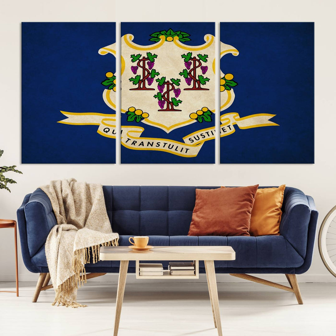 A "Size Connecticut States Flag Wall Art Canvas Print" hangs on the wall, its vibrancy preserved by a UV-protective coating.