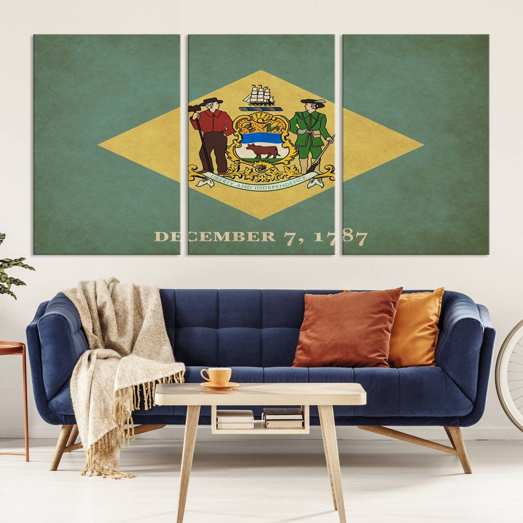 The Delaware States Flag Wall Art Canvas Print, featuring museum-quality material and a UV-protective coating, hangs elegantly, ready to be admired.