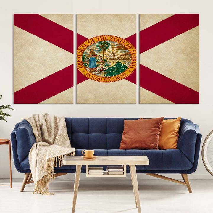 A Florida States Flag Wall Art Canvas Print, featuring a UV-protective coating for museum-quality preservation, is displayed.