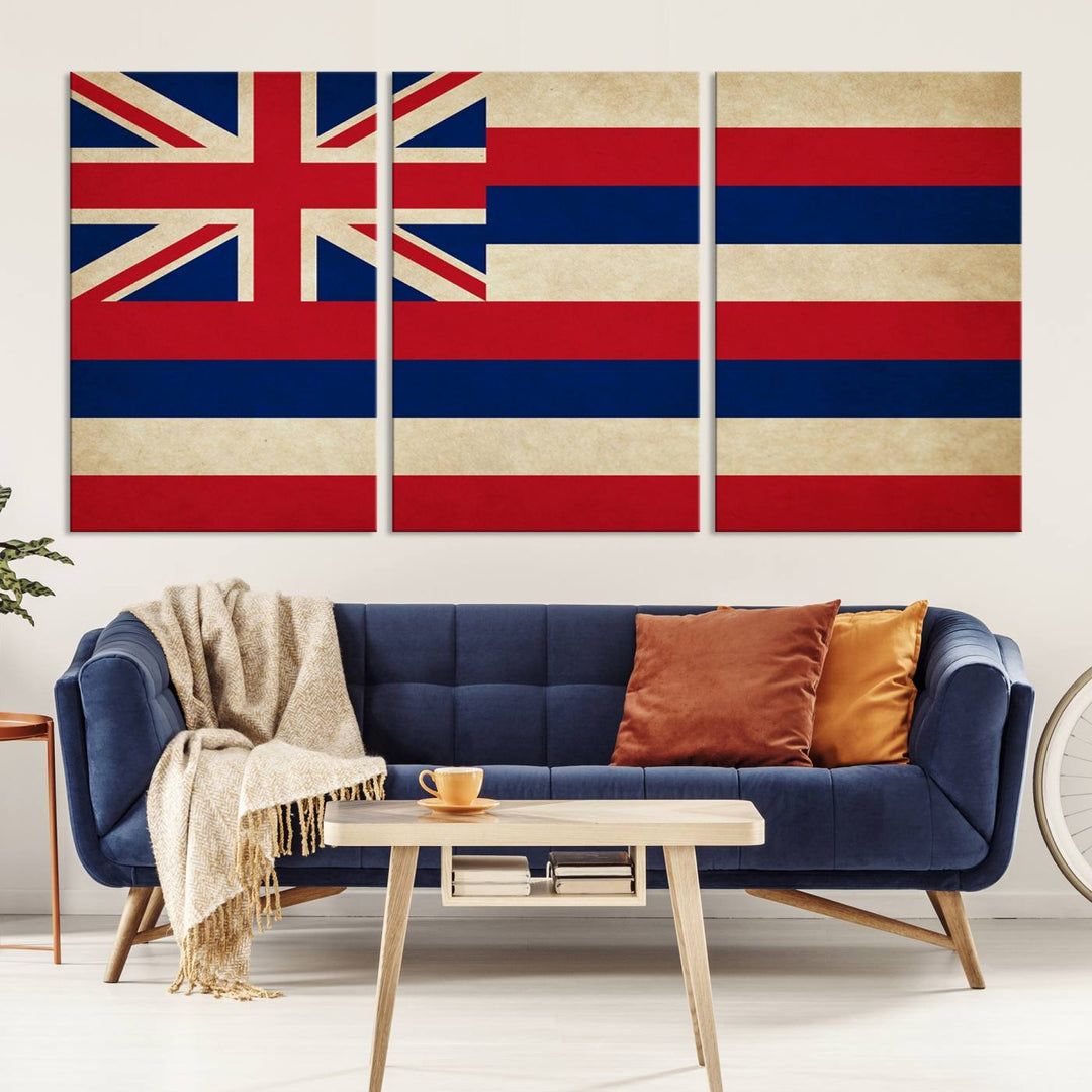 A stunning piece titled "Hawaii USA States Flag Wall Art Canvas Print" adorns the wall. This gallery-wrapped artwork is printed on museum-quality canvas and features a UV-protective coating, ensuring its vibrant colors remain timelessly beautiful.