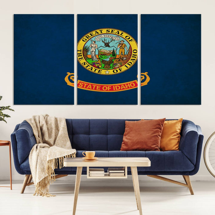 The Idaho USA States Flag Wall Art Canvas Print, featuring a UV-protective coating for lasting vibrancy, is ready to hang.