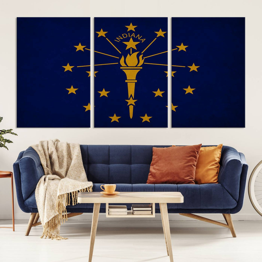 The Indiana States Flag Wall Art Canvas Print, featuring museum-quality canvas with a UV-protective coating, adorns the wall and brings an elegant and charming touch to your living space. Ready to hang, this piece becomes a standout feature in any room.