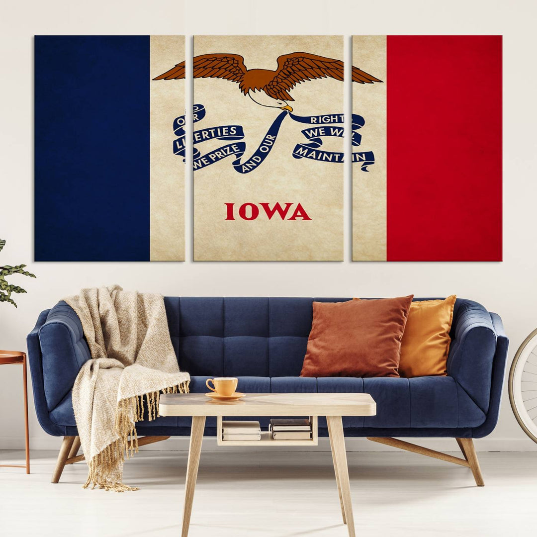 A beautiful Iowa States Flag Wall Art enhances the area, made on museum-quality canvas and boasting a gallery-wrapped design for enduring elegance.