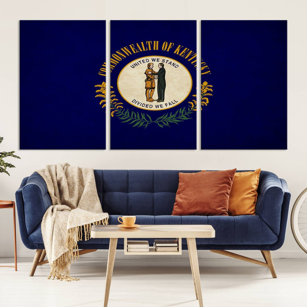 A museum-quality canvas of the Kentucky State Flag Wall Art graces the wall, featuring a UV-protective coating to maintain its vivid colors. Benefit from free shipping on this impressive home decor piece.