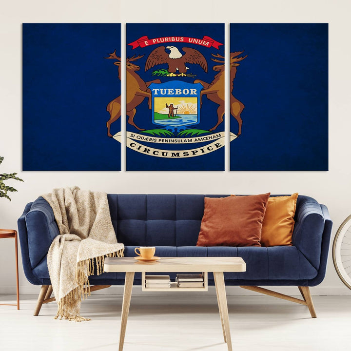 A piece of Michigan State Flag Wall Art on museum-quality canvas features a UV-protective coating to maintain its vibrant colors.