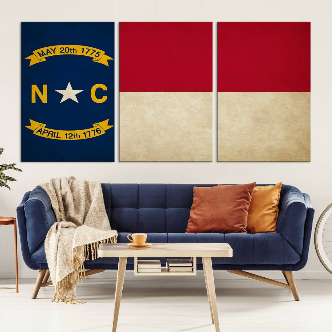 A museum-quality North Carolina State Flag Wall Art Canvas Print graces the wall, adding charm and character to any living space. Enjoy free shipping on this timeless piece.