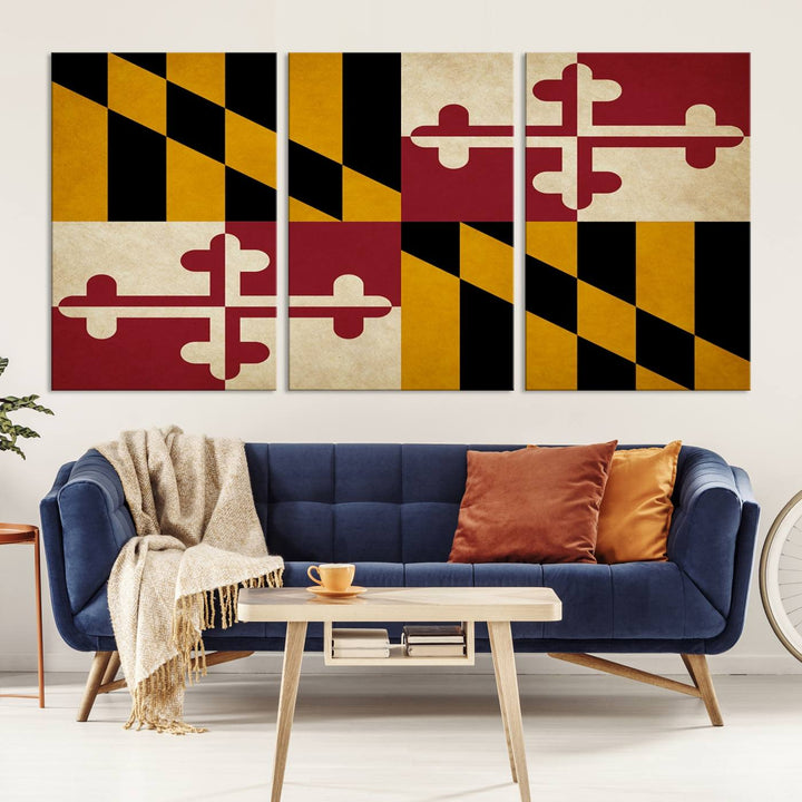 The Maryland Flag Wall Art Canvas Print, boasting a UV-protective coating for vibrant colors and durability, is a museum-quality piece offered with free shipping, making it the perfect addition to your space.