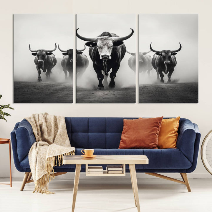 The Texas Longhorn Cow Animal Wall Art Canvas Print beautifully embellishes the area with its depiction of longhorn cattle in a misty setting, seamlessly integrating Western decor into the space.