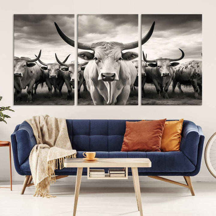 A Texas Longhorn Cow Animal Wall Art Canvas Print introduces a Western-themed accent.