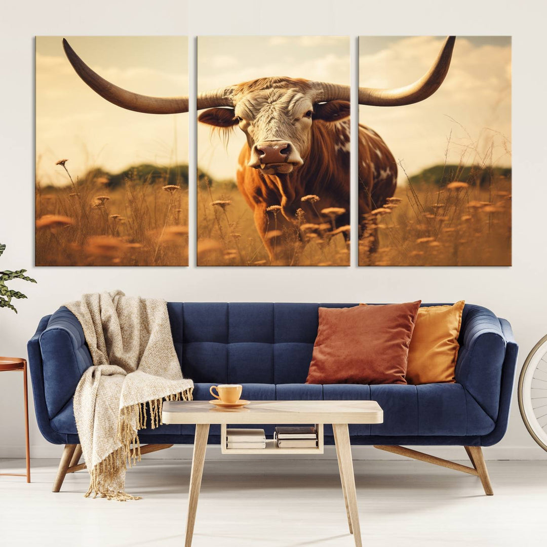 Cow Bighorn Wall Art Canvas Print, Longhorn Texas Cow Animal Canvas Print