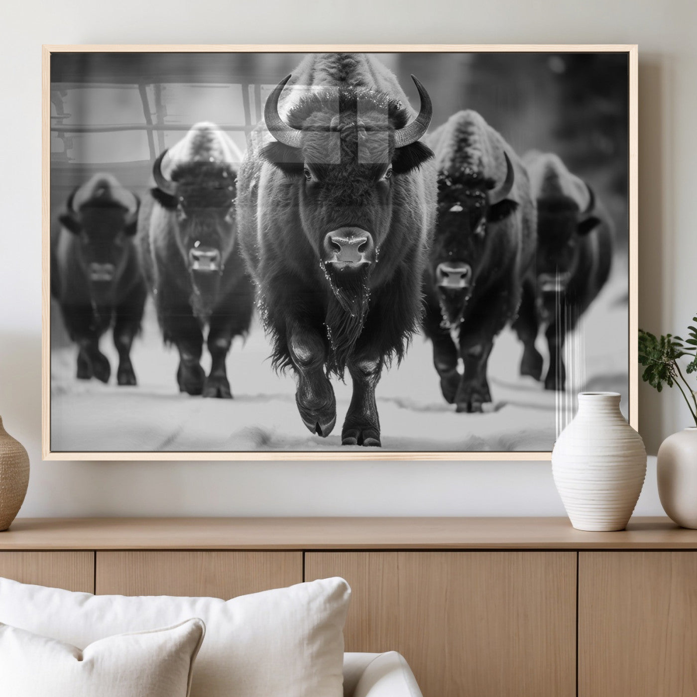 MGV-FP-36X24-3P - American Bison Art | Buffalo Herd Wall Art Canvas Print, BW American Bison Herd Wall Art Canvas