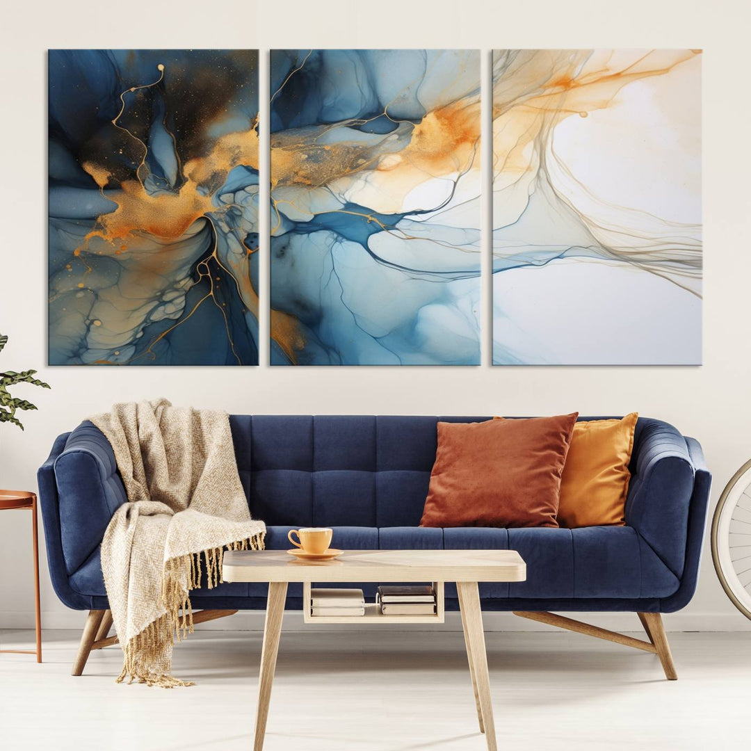 Art mural abstrait bleu marine orange, impression abstraite, impression sur toile abstraite