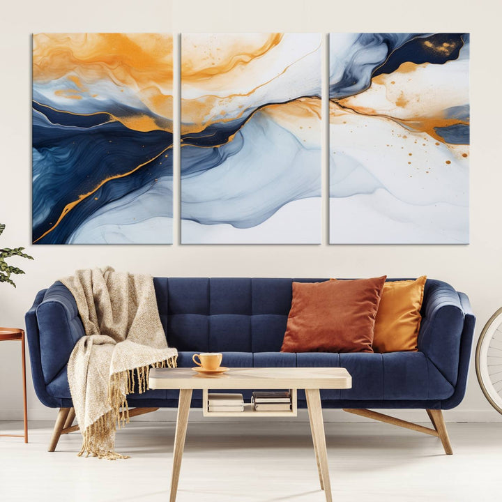 Modern living room featuring the 'Extra Large Orange Navy Blue Abstract Wall Art Canvas Print.'