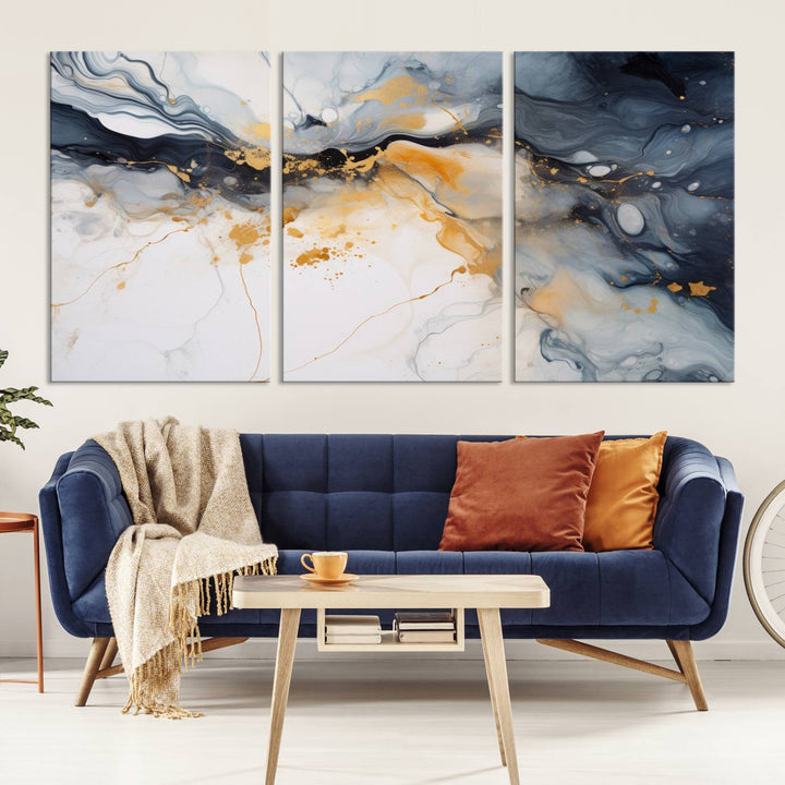 The Dark Blue and Orange Abstract Wall Art, featuring museum-quality canvas with captivating dark and golden swirls, is ready to hang and boasts a UV-protective coating to ensure enduring vibrancy and sophistication.