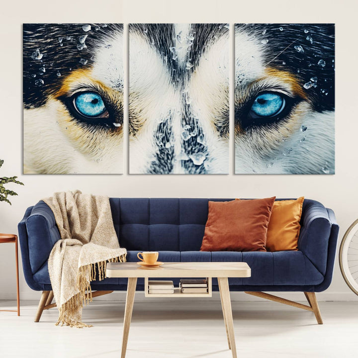 The captivating "Winter Siberian Husky Wolf EYE Wall Art Canvas Print" showcases the striking blue eyes of the animal portrait.