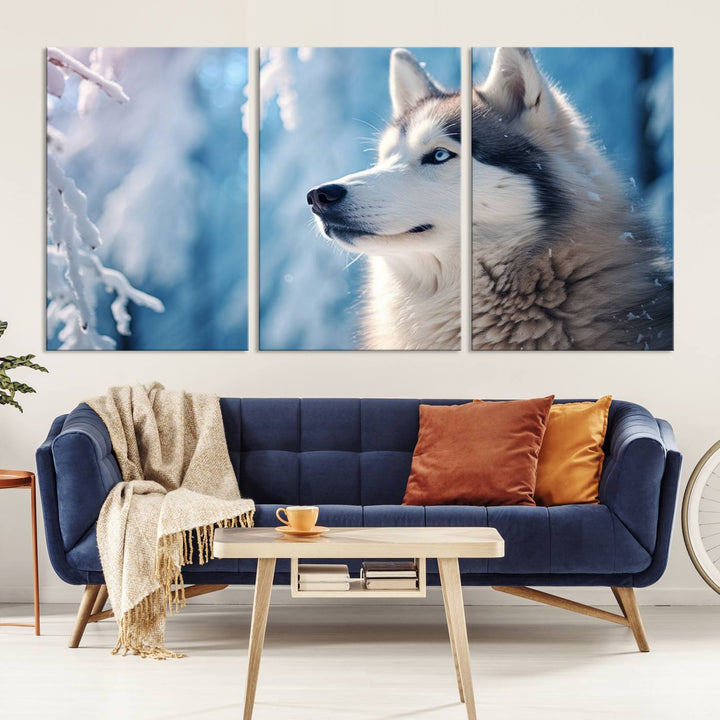 A captivating Winter Siberian Husky Wolf Wall Art Canvas Print hangs prominently.