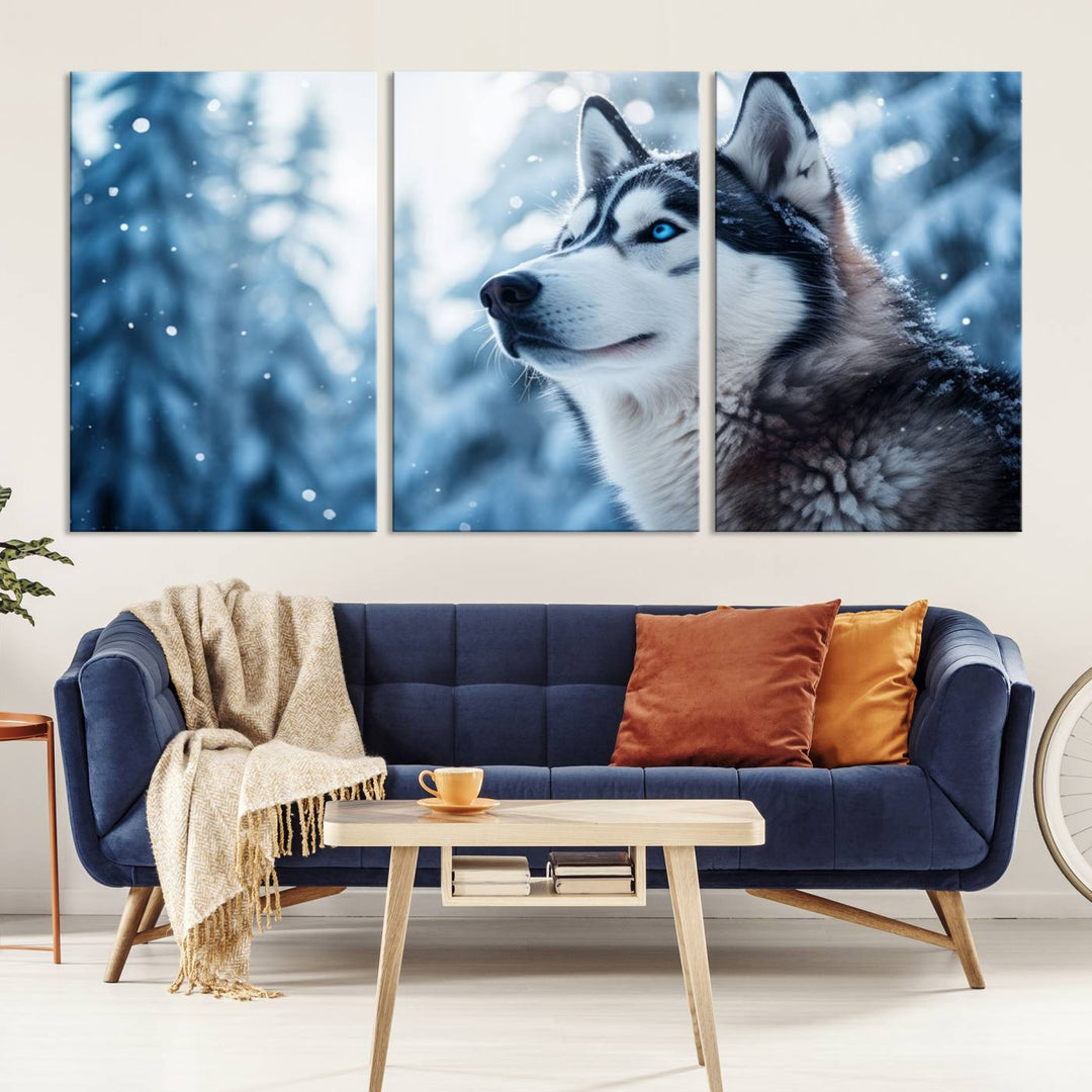 The "Winter Siberian Husky Wolf Wall Art Canvas Print" is elegantly displayed, enhancing the room's cozy ambiance in a snowy forest setting.