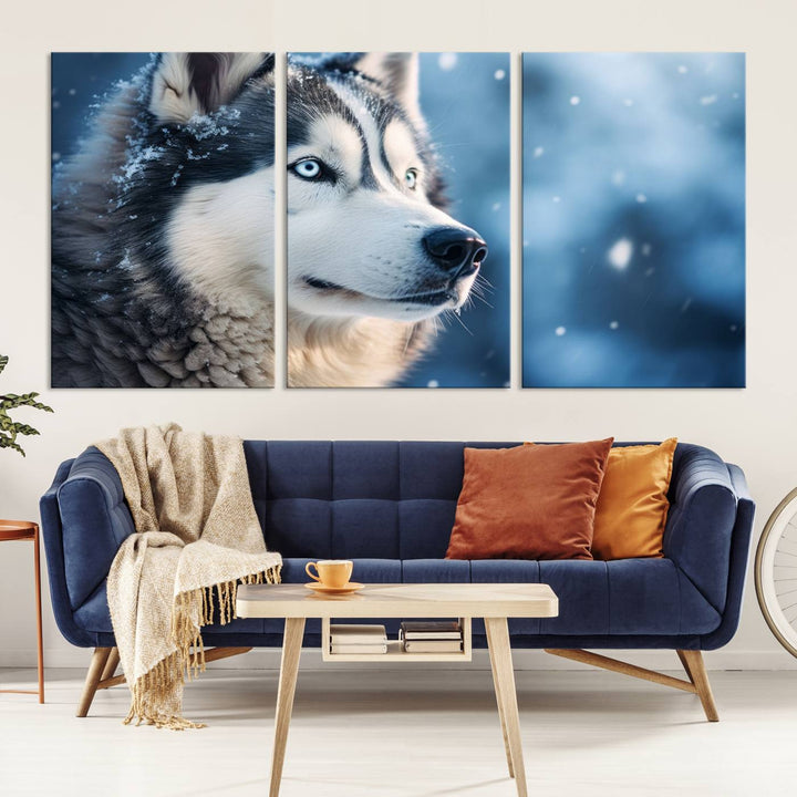 The space above the sofa features the Winter Siberian Husky Wolf Wall Art Canvas Print, creating a stunning snowy scene.