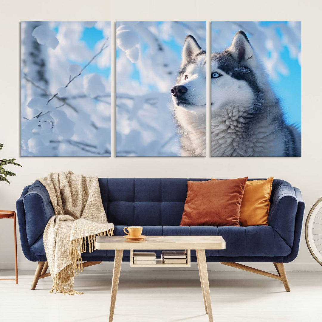 The Siberian Husky Art Canvas elegantly enhances the room.