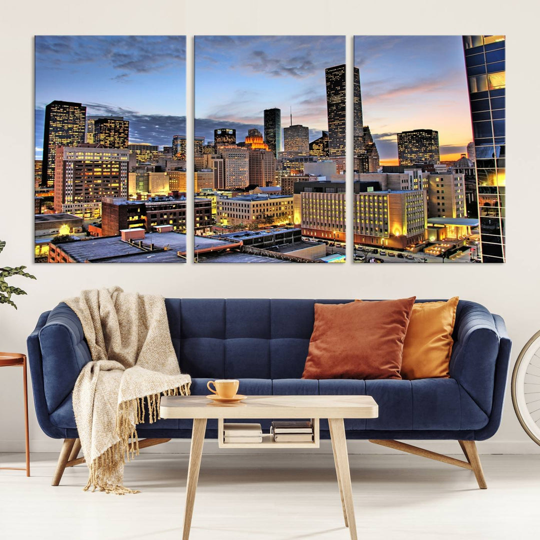 The modern living room features the Houston Wall Art Canvas Print on the wall. This professional craftsman framed masterpiece depicts a cityscape and is created with museum-quality polycotton canvas, ensuring a polished look that enhances its elegant charm.