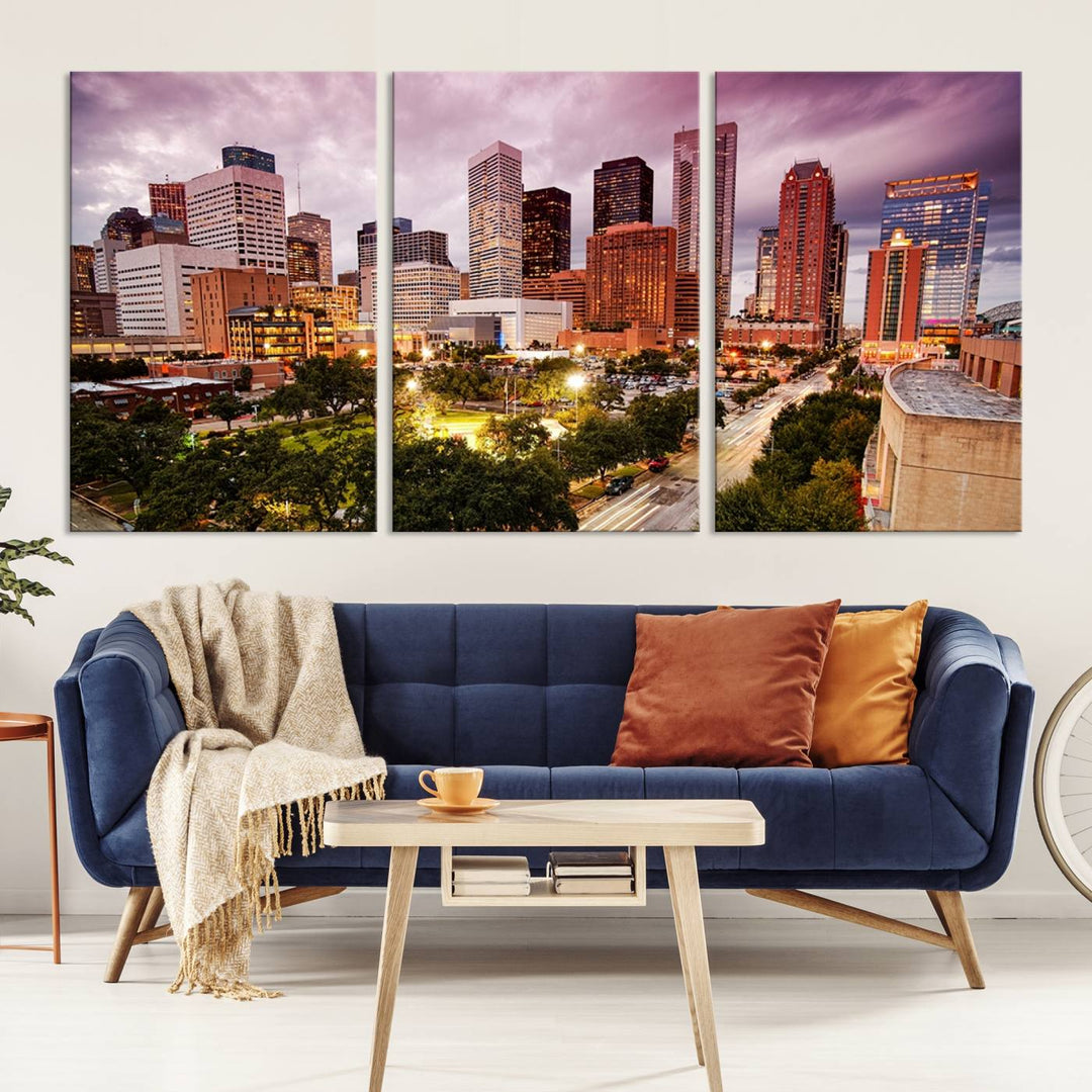 The Houston Wall Art Canvas Print in the living room displays a vibrant city skyline at twilight on museum-quality canvas with UV-protective coating.