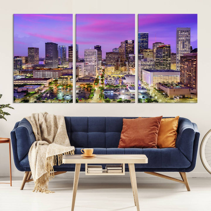 Houston Wall Art Canvas Print showcasing a vibrant cityscape at dusk on museum-quality canvas, expertly crafted by professional craftsmen.