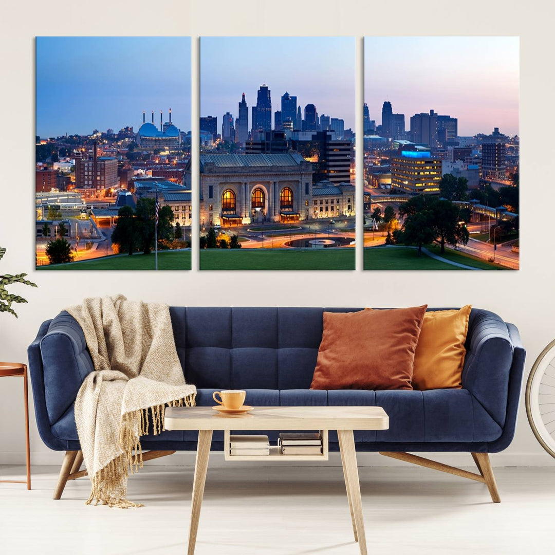 The Kansas City Skyline Canvas Wall Art Print hangs above, showcasing an iconic dusk cityscape with a historic building in the foreground, exuding urban sophistication.