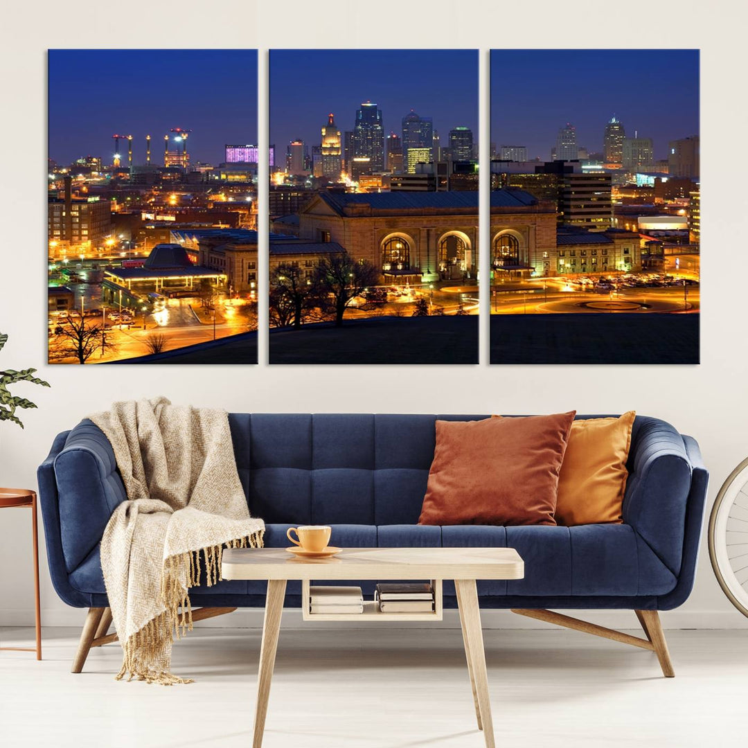 The Kansas City Night Canvas Print Wall Art creates a scene as captivating as museum-quality art, showcasing a city skyline at night with illuminated buildings.