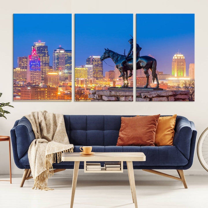 A large Kansas City Night Canvas Print Wall Art adorns the wall, gallery wrapped and finished with a UV-protective coating for lasting vibrancy.