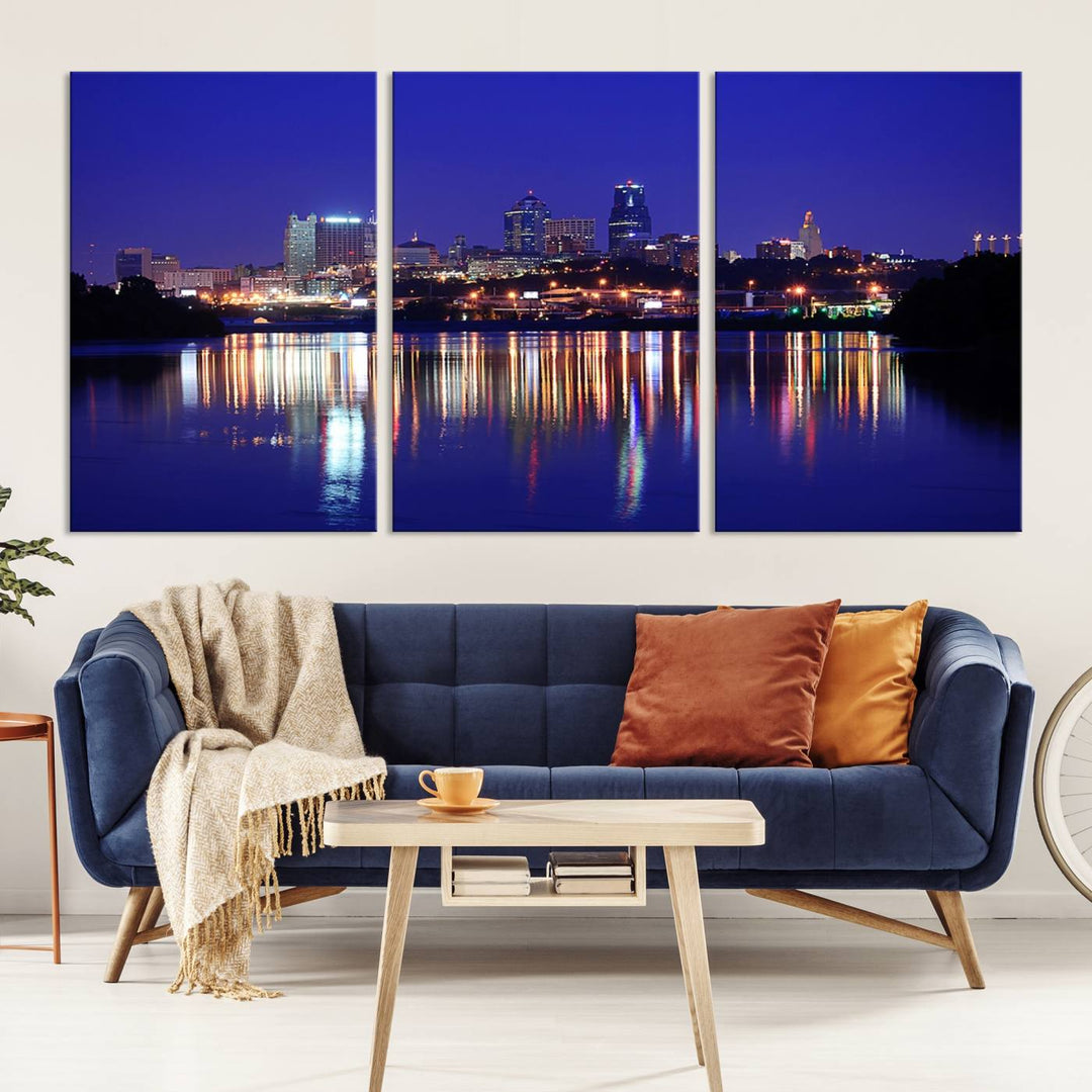 The Kansas City Night Canvas Print Wall Art captures the shimmering city skyline on the calm water, where every detail resembles a museum-quality polycotton masterpiece.