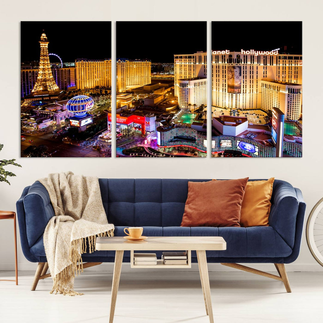 The Las Vegas Wall Art Canvas Print is a triptych set that showcases a stunning night view of Las Vegas. The illuminated buildings and the iconic faux Eiffel Tower add elegance to any space. Each piece comes with a UV-protective coating and is ready to hang, ensuring both style and durability.