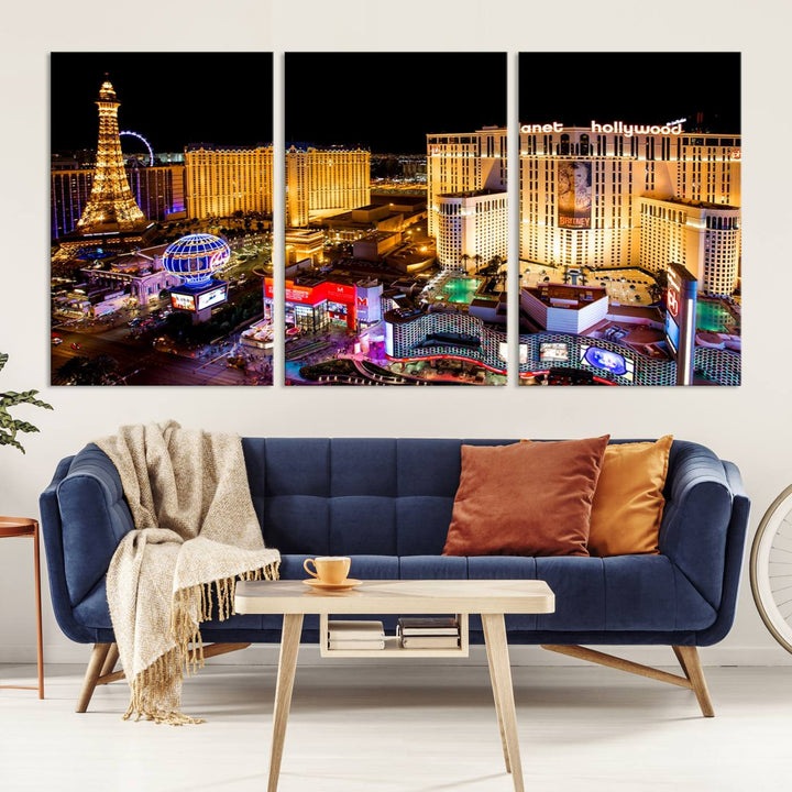 The Las Vegas Wall Art Canvas Print is a triptych set that showcases a stunning night view of Las Vegas. The illuminated buildings and the iconic faux Eiffel Tower add elegance to any space. Each piece comes with a UV-protective coating and is ready to hang, ensuring both style and durability.