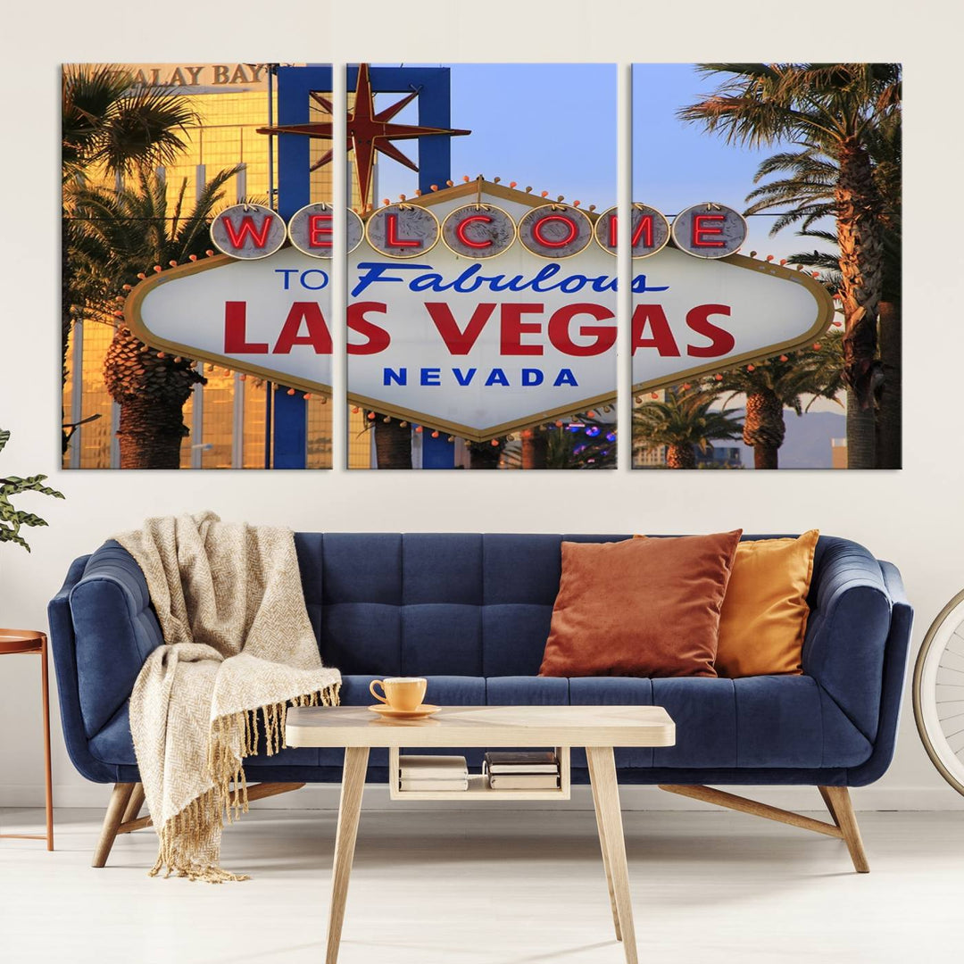 A Las Vegas Wall Art Canvas Print hangs on the wall, showcasing the iconic Welcome to Fabulous Las Vegas, Nevada sign. The museum-quality canvas guarantees vibrant colors with its UV-protective coating and is available with free shipping for added convenience.