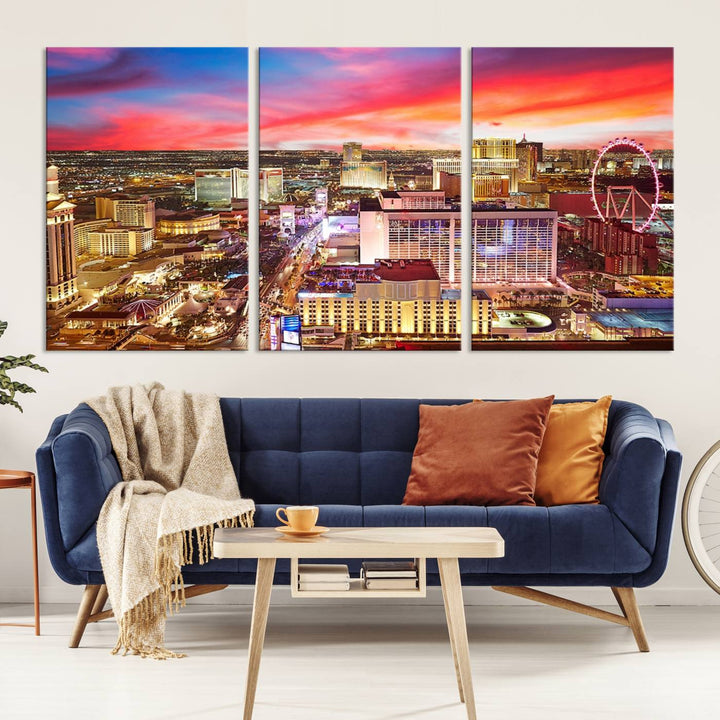 Las Vegas Wall Art Canvas Print depicting a vibrant cityscape at dusk on museum-quality canvas with a UV-protective coating, showcasing a skyline with colorful clouds.