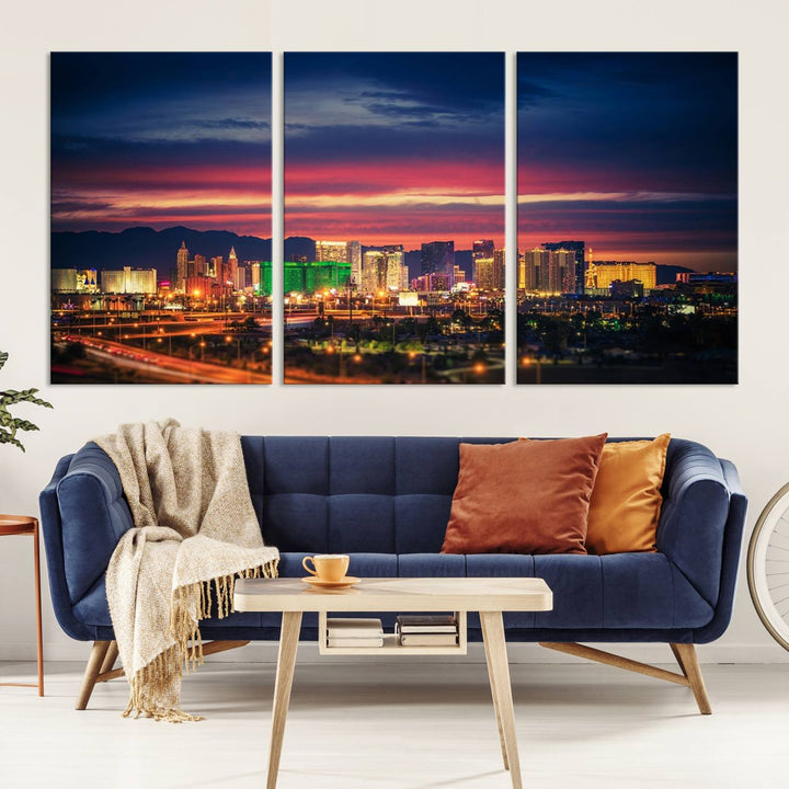 The living room is adorned with the Las Vegas Wall Art Canvas Print, a triptych showcasing a cityscape at sunset. This piece is crafted on museum-quality canvas and protected by a UV-coated finish, highlighting the craftsmanship of a skilled professional.