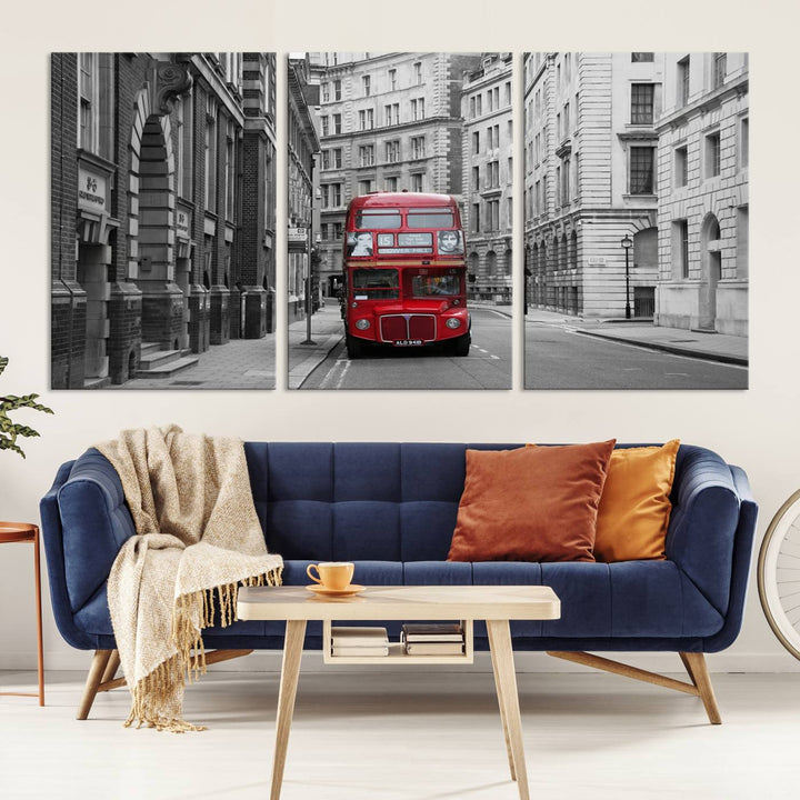 The living room features museum-quality London Red Bus Wall Art, showcasing a split canvas print of a red bus on a black and white city street. This artwork is ready to hang and includes a UV-protective coating to ensure long-lasting vibrance.