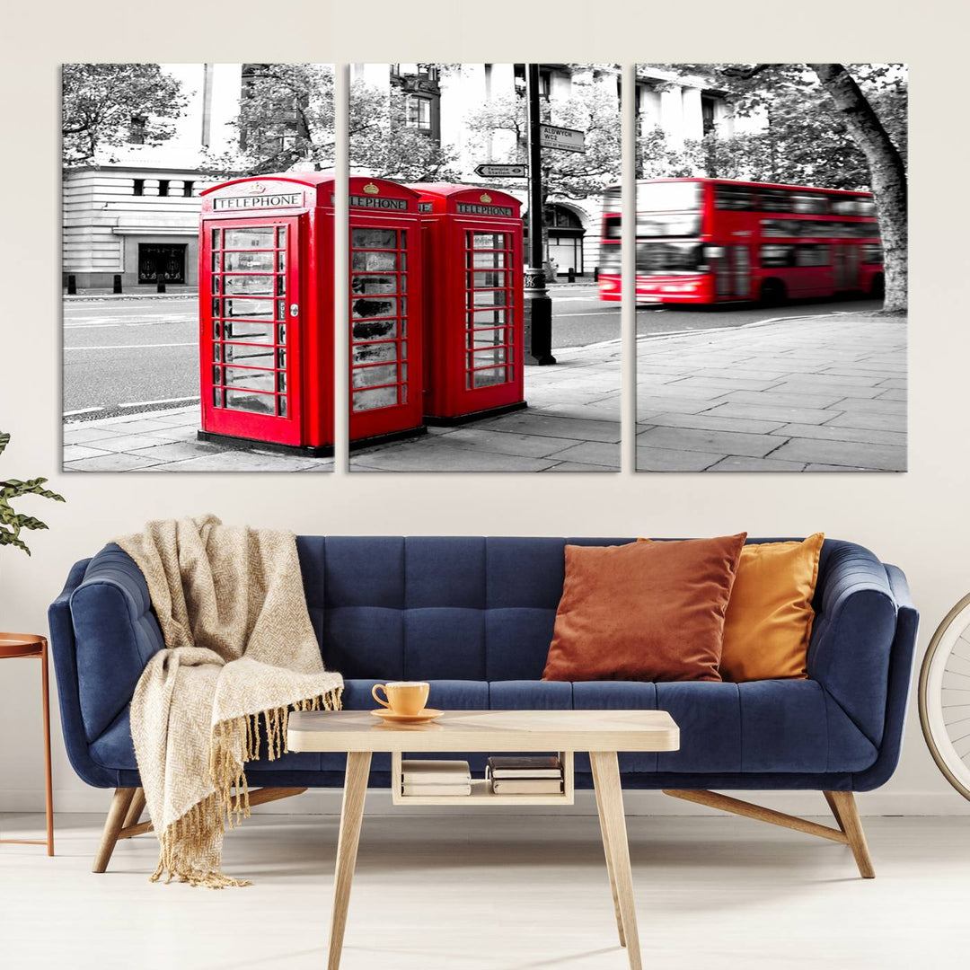 The London Red Bus and Phone Club Wall Art, a vivid night canvas print featuring iconic red buses and phone booths, is elegantly showcased on gallery-wrapped, museum-quality material. With its UV-protective coating, this captivating piece infuses your space with the charm of London.